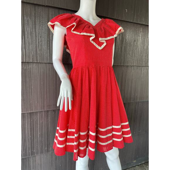 🔥Vintage 80s Swiss Polkadots Striped Ruffled Overlay Full Skirt Dopamine Dress - Picture 3 of 17